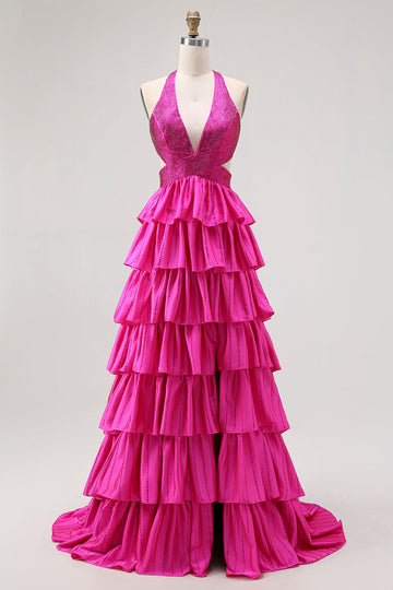 Fuchsia une ligne dos nu dos ouvert perlé perlé longue robe de bal